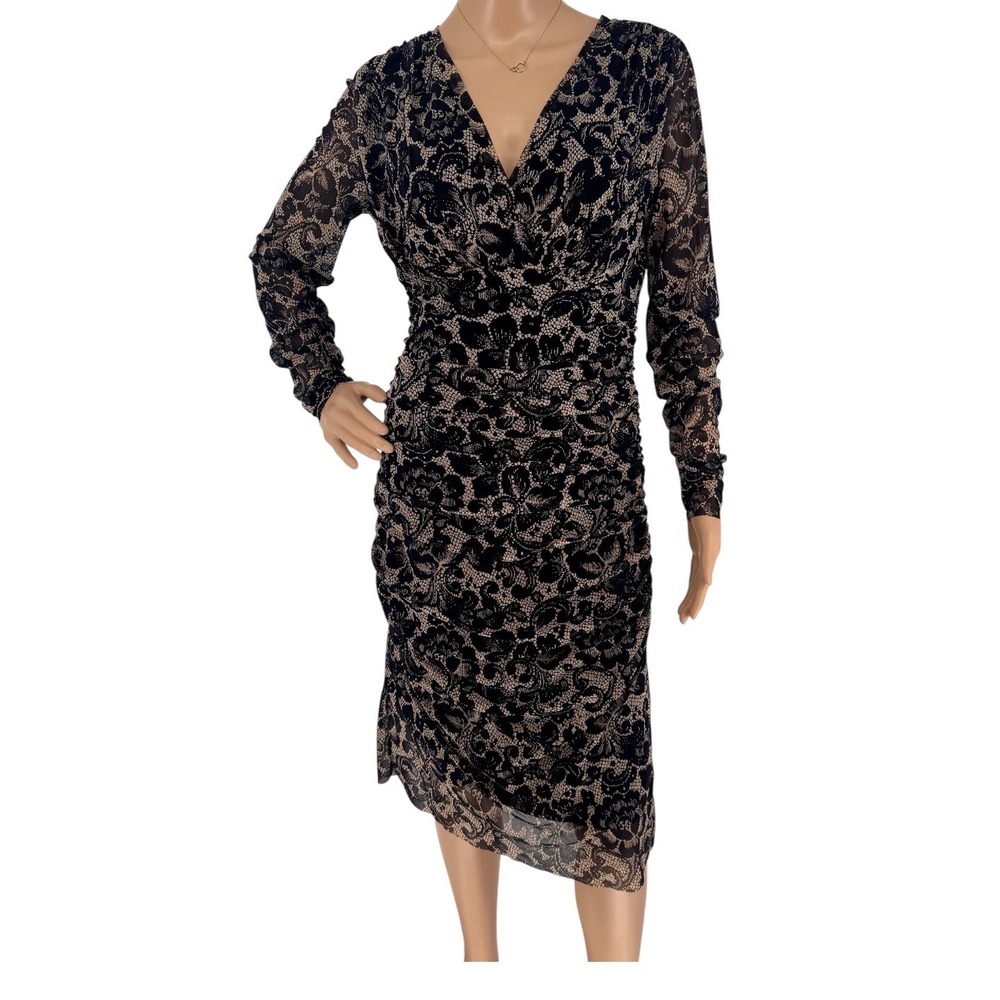 Elana Kattan Black Lace Pattern Ruched Midi Dress Long Sleeve V-Neck Sz L New
